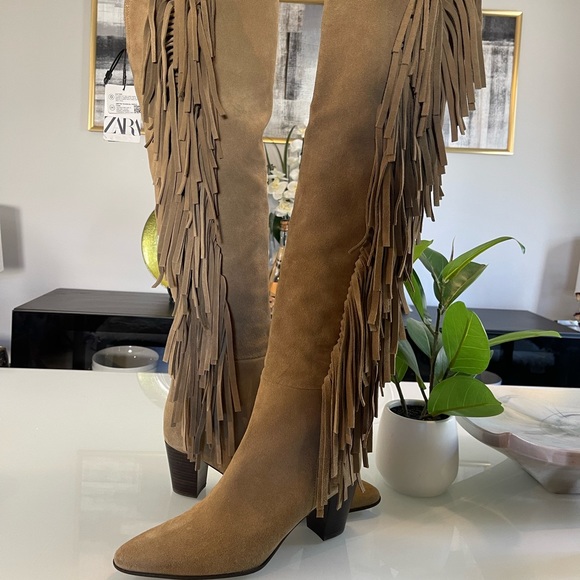Zara Split Suede Cowboy Boots with Fringes - Picture 3 of 11